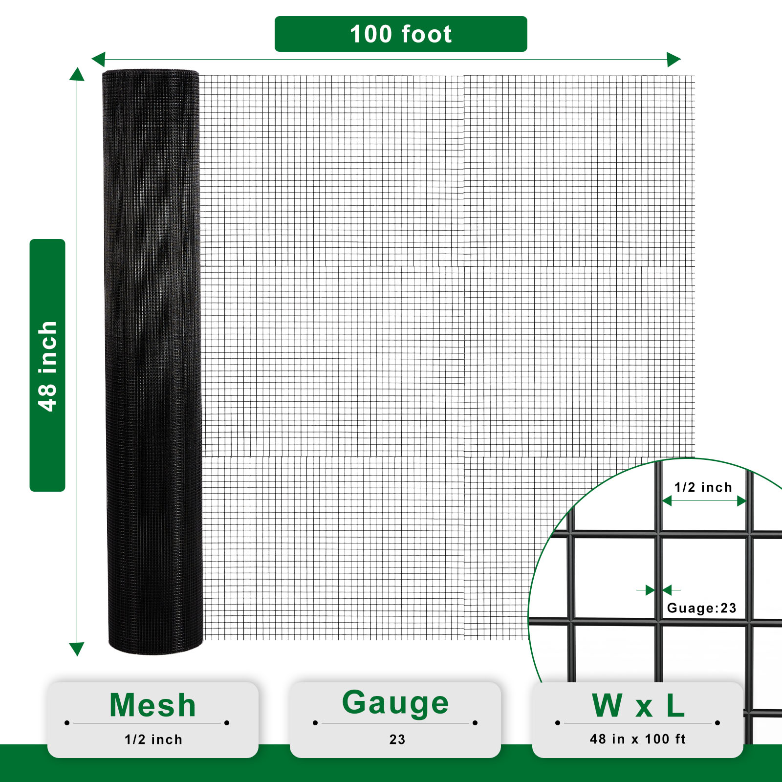 MeshFort Hardware Cloth 1/2 inch 48 x 100 ft Black